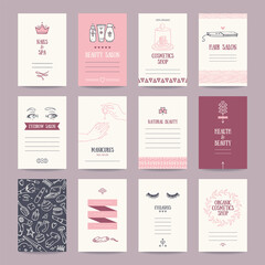 Cosmetics shop business cards, beauty salon invitations, spa flyer, makeup artist ad. Artistic templates collection with thin line symbols and hand drawn design elements. Isolated vector set.