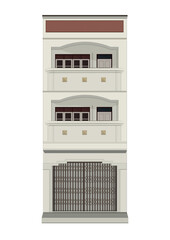 Heritage shophouse in Thailand,  three story white street commercial building , tenement houses , classic sliding metal door