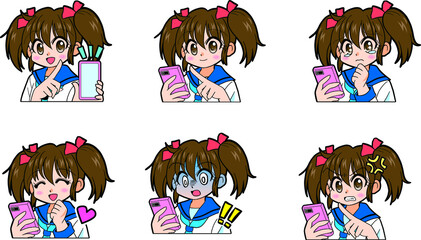 スマートフォンを使っているツインテールでセーラー服の女の子のマンガ