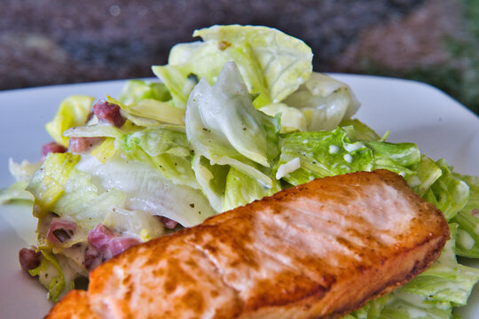 Zwei Bio Lachsfilets mit Salat und Jogurthdressing auf einem Teller angerichtet - guten Appettit 