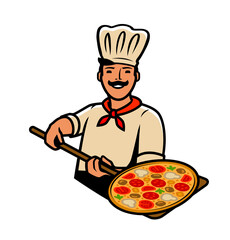 Chef with pizza. Pizzeria, food, restaurant vector illustration