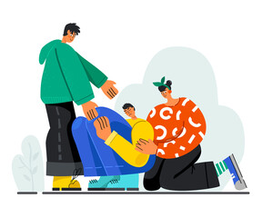 Young people console a sad guy, helping hand. The concept of empathy. Vector stock illustration. Flat design. Isolated on a white background.