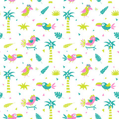 Tropical birds and plants seamless pattern in Scandinavian style. Cartoon illustration