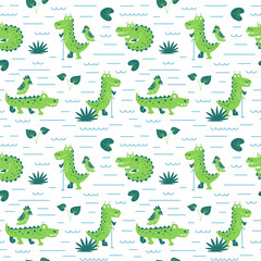 Cute crocodiles and plants seamless pattern. Children cartoon illustration 