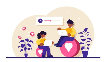 Online communication concept. A man and a woman communicate through social messengers, evaluate each other is content and photos. Modern flat illustration.
