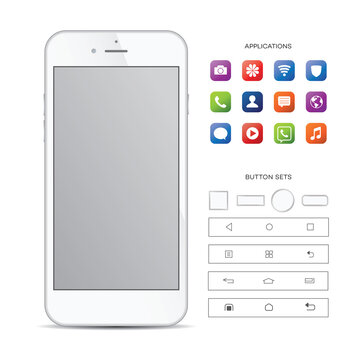 Realistic, modern, smart phone collection with apps on isolated background.