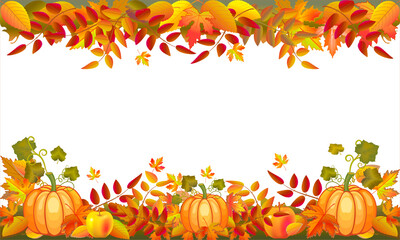 Autumn frame with pumpkin, colorful leaves for design greeting card, poster, invitation, Thanksgiving, Harvest day decoration. Holiday fall foliage frame for text.