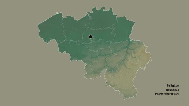 Luxembourg, province of Belgium, with its capital, localized, outlined and zoomed with informative overlays on a relief map in the Stereographic projection. Animation 3D