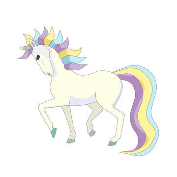 Pretty unicorn with colorful tail and mane on white isolated background, vector illustration for prints, stickers, emblems or elements of decor, concept of Magic, Cartoon, Fantasy and Fairy.
