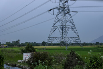 Power transmission towers in the rice fields.