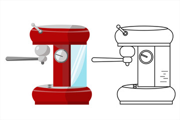 Coffee maker set in minimalistic style. Red color and Original design and  line icon, Coffee machine for home kitchen. Vector illustration EPS 10 Isolated on white background.	