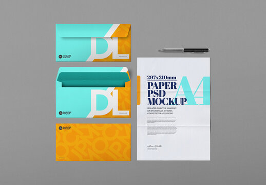A4 Paper and DL Envelopes Mockup