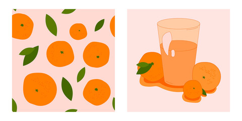 set of two citrus templates. glass of sweet citruses and seamless pattern with ripe oranges, tangerines and leaves. modern abstract design for packaging, print for clothes, fabric