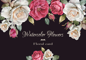 Floral greeting card with watercolor white and pink roses. Frame with flowers. Illustration