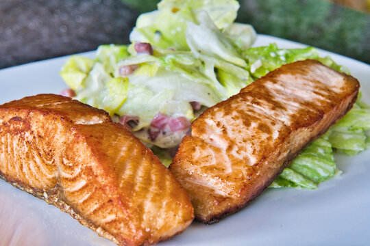 Zwei Bio Lachsfilets mit Salat und Jogurthdressing auf einem Teller angerichtet - guten Appettit 