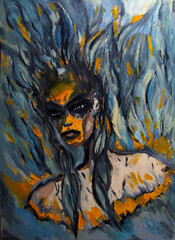 Sad shaman woman, original oil painting