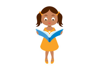 Cute african american little girl with book icon vector. Adorable little girl reader vector. Beautiful  black girl reading a book vector. Sweet dark skin baby girl with book cartoon character