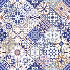 Gordijnen Naadloze tegelsachtergrond in Portugese stijl. Mozaïekpatroon voor keramiek in Nederlandse, Portugese, Spaanse, Italiaanse stijl. © jolie_nuage