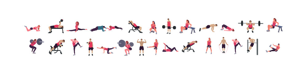 Man and woman gym set. Workout flat illustration collection - Vector
