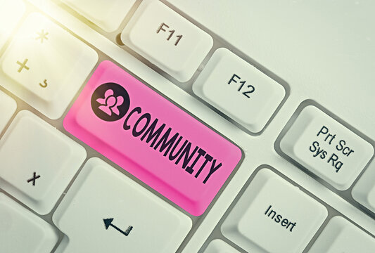 Word writing text Community. Business photo showcasing group of showing with a common characteristics living together White pc keyboard with empty note paper above white key copy space