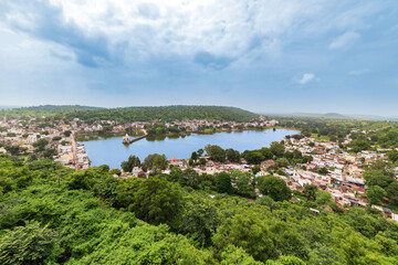 View of Narsinghgarh lake / village, view from Narsinghgarh Fort, Madhya Pradesh, India.