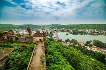 Fototapeta na wymiar View of Narsinghgarh lake / village, view from Narsinghgarh Fort, Madhya Pradesh, India.