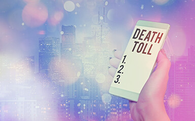 Writing note showing Death Toll. Business concept for the number of deaths resulting from a...