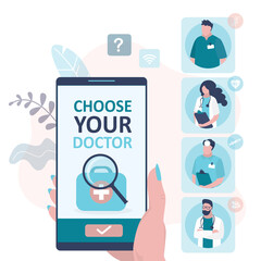 Phone screen with chosen therapist. Choosing specialist by smartphone. Doctors team portraits. Concept of medical services and healthcare