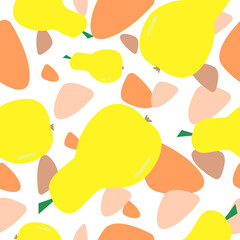 Pears and abstract elements, bright vector seamless pattern.