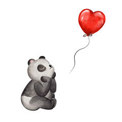 Fototapety  Little panda bear with heart shaped balloon. Hand drawn watercolor Valentine's Day illustration