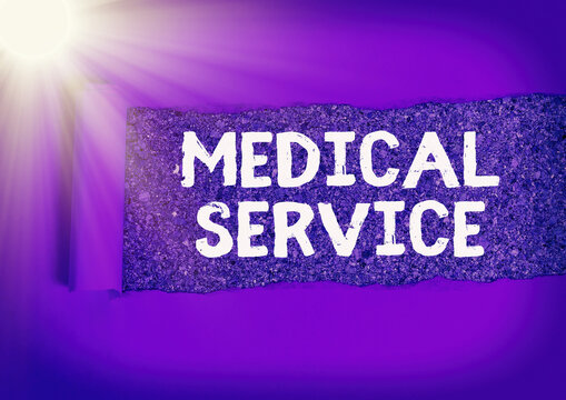 Word writing text Medical Service. Business photo showcasing care and treatment provided by a licensed medical provider Rolled ripped torn cardboard placed above a wooden classic table backdrop