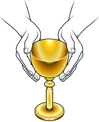 Hands holding a golden chalice.