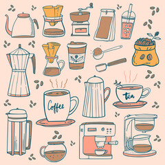 Doodle coffee shop icons. Vector coffee and tea drawings for the cafe menu