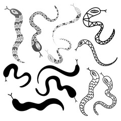 Vector isolated set design with decorative grey gummy snakes on white background. The design is perfect for stickers, logos, decorations, badges, tattoos, textiles, signs