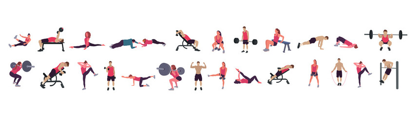 Man and woman gym set. Workout flat illustration collection - Vector