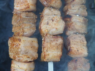 delicious pork skewers are fried on skewers on coals