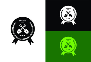 Farm logo design.Badge logo.Shovel is used in the logo.Black,white and green colors are used.Clean and simple.Elegant.Stars are used.Leaves.Nature.