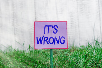 Text sign showing Its Wrong. Business photo text the reaction of the wrong, unjust, improper or...