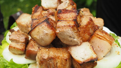 pork skewer with brisket on lettuce leaves and toasted onions. grilled dishes.