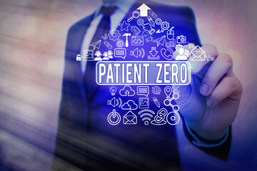 Word writing text Patient Zero. Business photo showcasing primary disease carrier of the highlycontagious disease Information digital technology network connection infographic elements icon