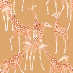 Watercolo cute realistic illustration of giraffes seamless pattern