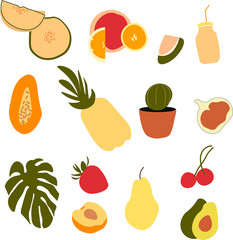 Close up summer mood  illustration hand drawn fruits and vegetables fresh products farm market sketch set doodle tasty