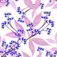 Fototapeta na wymiar Leaves and berries, watercolor art, seamless pattern.