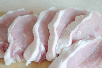 Sliced pieces of fresh pork meat. Selective focus