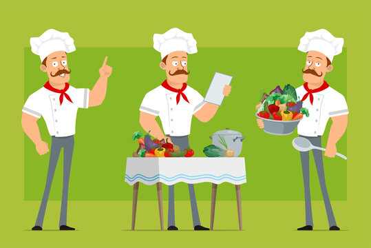 Cartoon flat funny strong chef cook man character in white uniform and baker hat. Boy reading note and cooking food from vegetables. Ready for animation. Isolated on olive background. Vector icon set.
