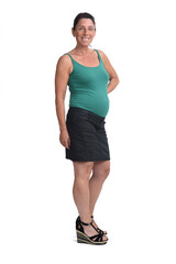 full portrait of a pregnant woman with skirt on white background