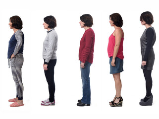 woman dressed in different outfits like sportswear, blue jeans, dress, skirt, pajamas on white background