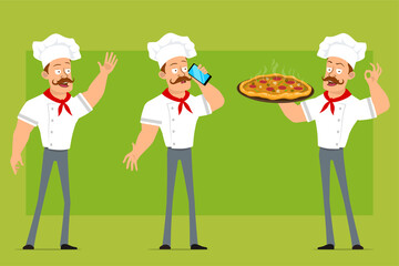 Cartoon flat funny strong chef cook man character in white uniform and baker hat. Boy carrying pizza with salami and talking on phone. Ready for animation. Isolated on olive background. Vector set.
