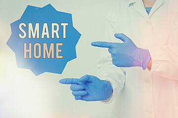 Writing note showing Smart Home. Business concept for equipped home can be controlled remotely by...