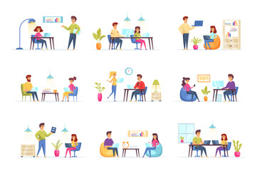 Coworking office bundle with people characters. Designers and developers communicate and working together in coworking space situations. Emploees and frelancers at workplace flat vector illustration